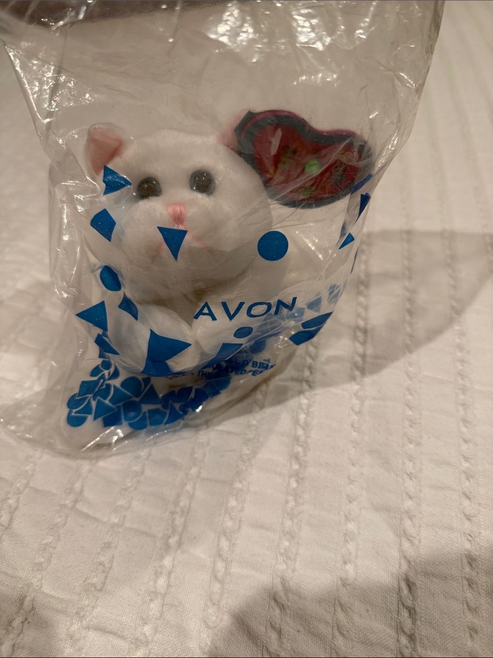 Avon White Plush Cat with Pink Accents and Blue Eyes
